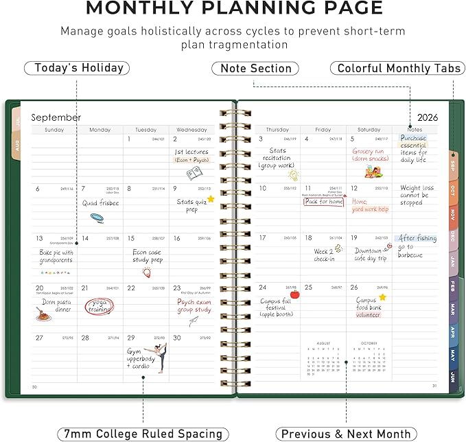 RETTACY Academic Planner 2026-2027, Weekly and Monthly, July 2026 - June 2027, Large Size (8.5" x 11"), Calendar, Agenda, 12-Month Tabs, for Student, Teacher, School (Dark Green)