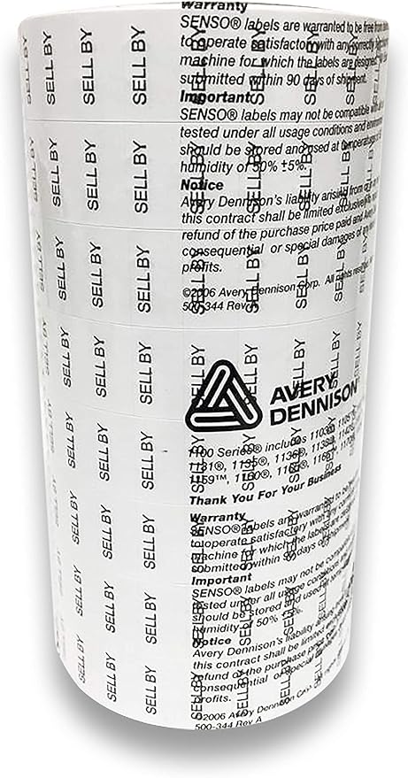 Black Print on White"Sell by" Pricing Labels to fit Monarch 1131 Pricers. 8 Rolls with 1 Free Ink Roller.