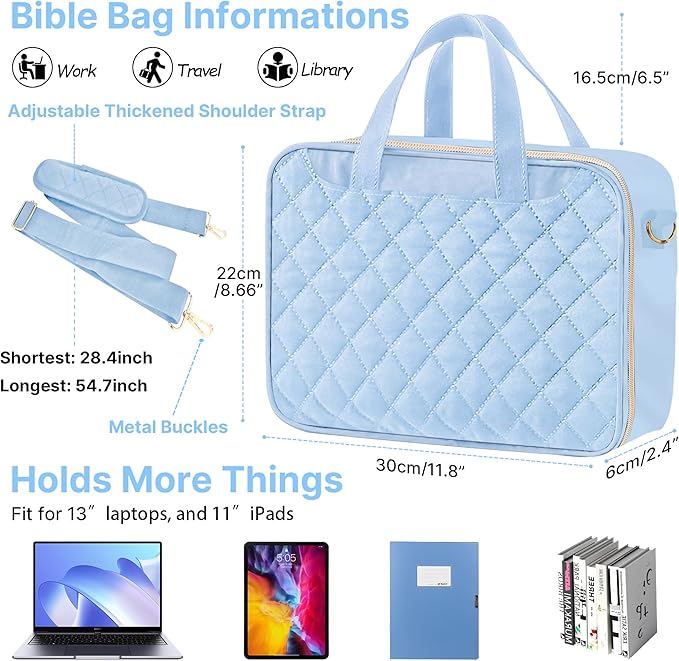 PUGPIU Bible Cover Case for Women, Large Quilted Bible Bag with Shoulder Strap and Handle, Bible Study Supplies Journaling Kit with Highlighters Pens No Bleed Tabs Notebook Cross Clips (Light Blue)