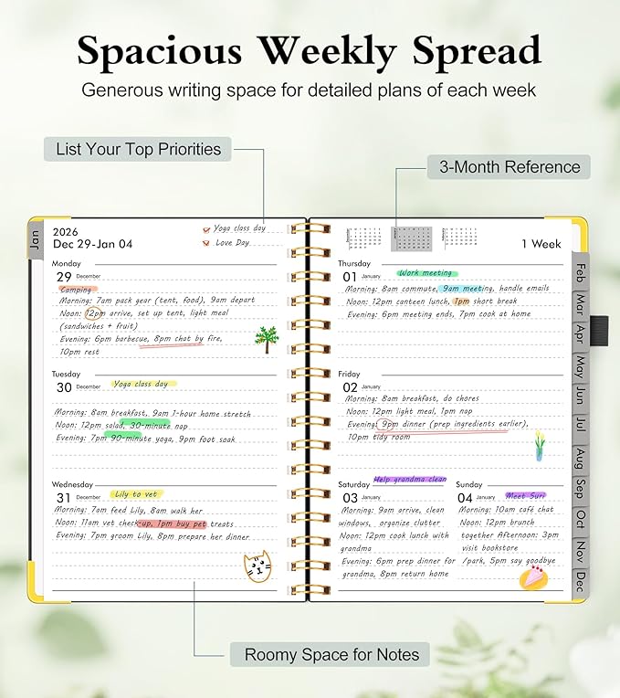 2026 Planner, Hardcover Leather Weekly and Monthly Planner, January 2026 - December 2026, Spiral Yearly Agenda Organizer Book 2026 with Tabs, Daily Calendar Planners for School Work Home, A5 (5.75" x 8.38"), Black