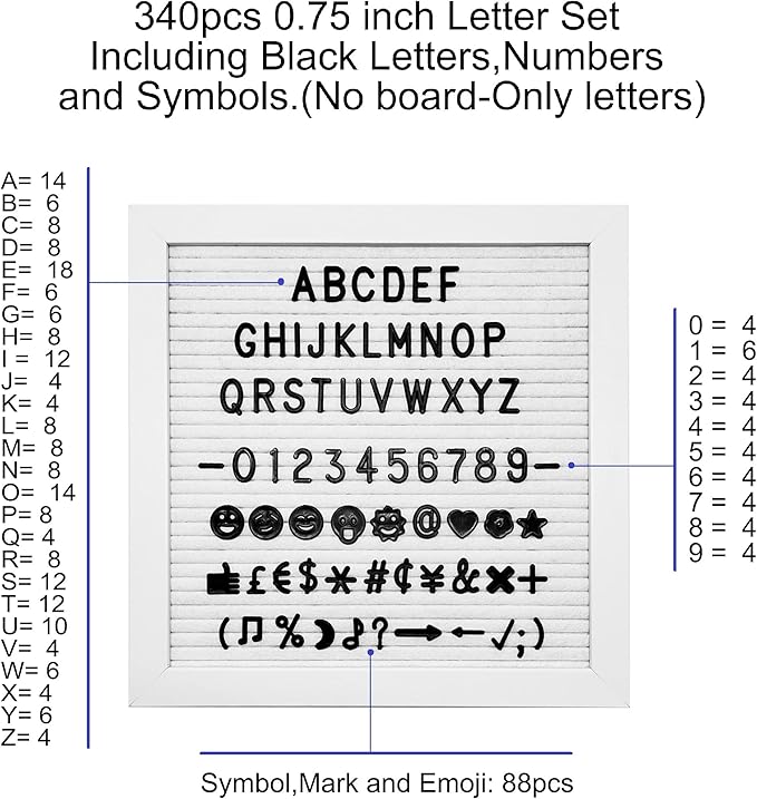 Felt Letter Board Letters Sets - Pre-cut 340pcs 3/4 Inch(0.75") Black Letters with Canvas Bag(No Board Included)