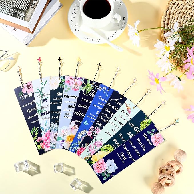 Tenare 20 Pcs Christian Bible Bookmarks for Women, Inspirational Verses Bookmarks with Cross Pendants, Religious Gifts for Women Men Reading Lovers(Floral Style)