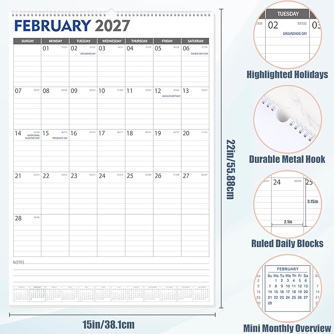 GuassLee Large Wall Calendar 2026-2027, 22"x15" Vertical Wall Calendar 2026, Jun. 2026 to Dec. 2027, 19-Month Paper Hanging Planner Wall with Julian Date for Office Home Planning & Organizing