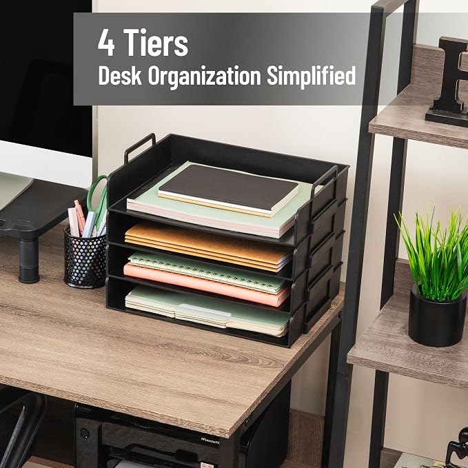 Mind Reader Stackable Paper Tray, Desktop Organizer, File Storage, Office, Plastic, 13.75" L x 10" W x 10.75" H, 4 Pcs., Black