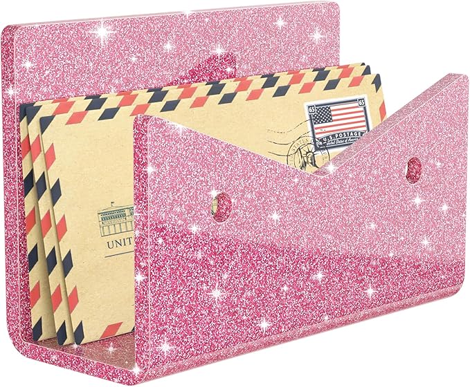 Mail Organizer Envelope Holder - Glitter Pink Acrylic Mail Holder Countertop Vertical Desk Organizer Small File Bill Document Notebook Letter Sorter for Home School Office Supplies