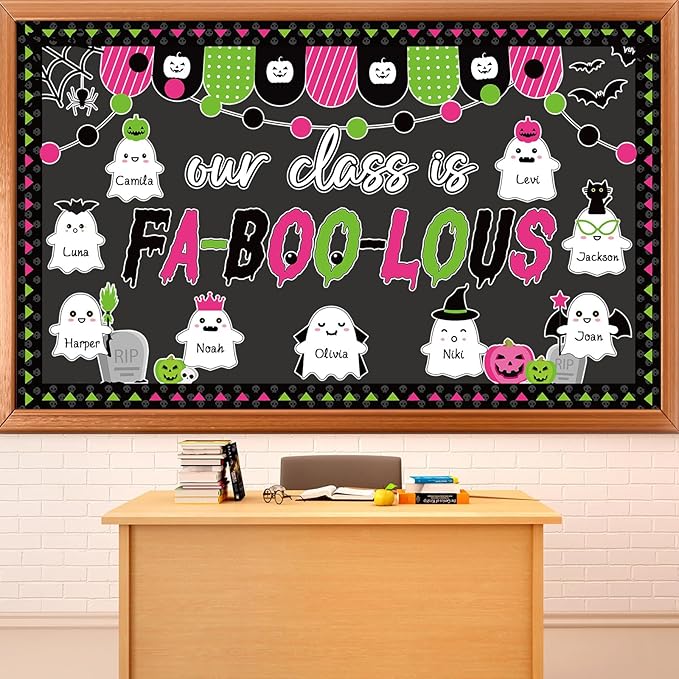 Halloween Ghost Bulletin Board Decoration Witch Bat Pumpkin Spider Web Paper Cutouts Boo Ghost Pattern Classroom Decor Halloween Party Bulletin Board for School Chalkboard Wall Decor Teacher Supplies