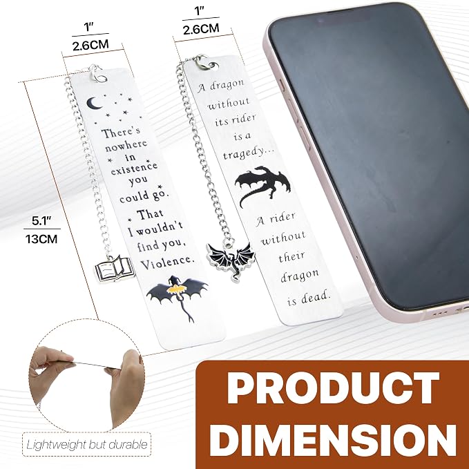 Dragon Metal Bookmarks – Set of 2 Engraved Fantasy Bookmark with Charms, Cool Bookmarks for Women and Men, Bookish Quotes Gifts for Readers, Magical Academy Book Accessories (Style 2)