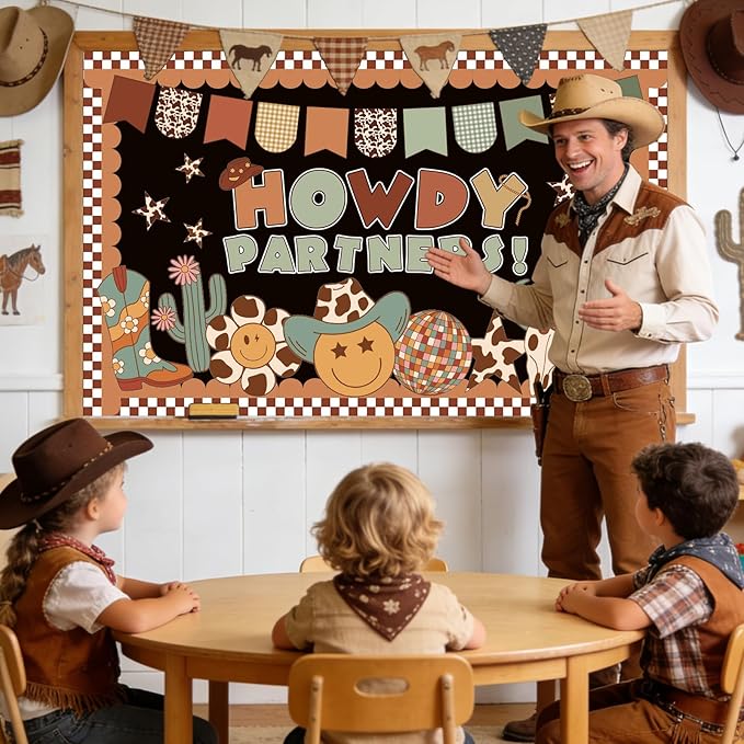 AnyDesign 76 Pcs Western Cowboy Bulletin Board Decoration Brown Wild West Howdy Partners Paper Cutouts with 150 Pcs Glue Points for Holiday Party Classroom Wall Decor