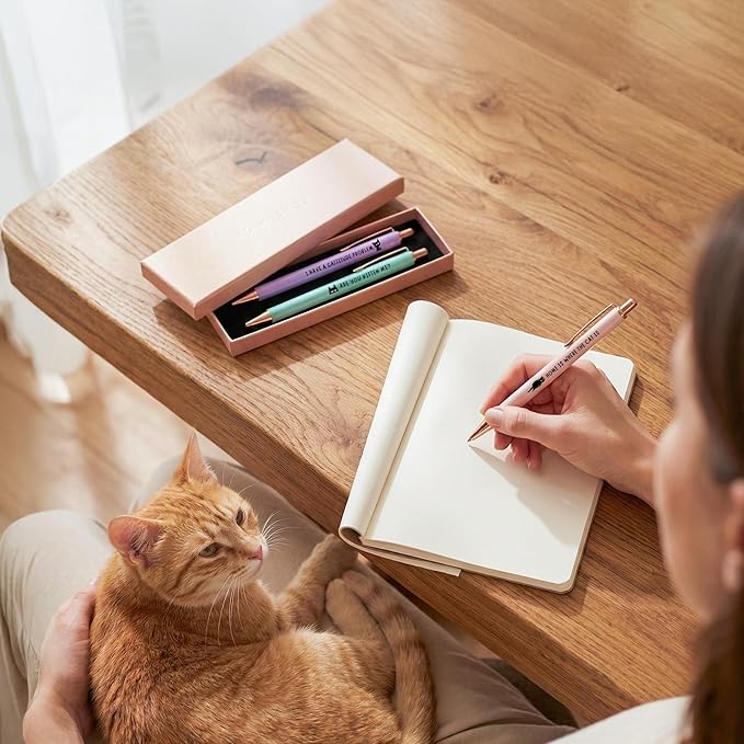 MESMOS 3pk Cute Cat Pens, Sassy and Funny Cat Lover Gifts for Women, Aesthetic Ballpoint Pens Beautifully Packaged, German-made Ink and Swiss-made Ink