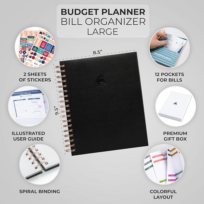 Clever Fox Budget Planner & Monthly Bill Organizer With Pockets. Expense Tracker, Budgeting Journal & Financial Book. Large, 8x9.5" (Black)