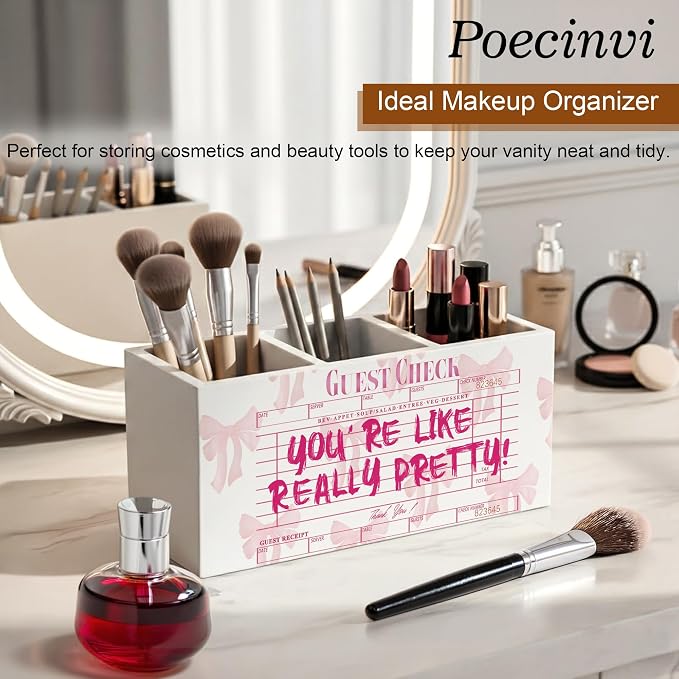 Trendy Coquette Pink Bow Pen Holder for Home Office Desk, Pink Girly Office Decor, You're Like Really Pretty Guest Check Wooden Box Sign Pencil Holder for Desk Shelf Organizer