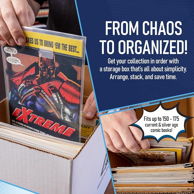 Invested Alliance Premium Short Comic Book Storage Box Organizer with Lid | Thick Cardboard Comic Storage Box For Collectibles Fits 150-175 Current/Silver Age, Heavy Duty & Stackable.