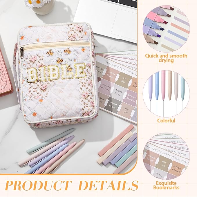 Sinload Quilted Bible Cover Case for Women Large Carrying Bag with Organizer Tabs 6 Colored Pens 6 Highlighters Book Tote Bags with Handle Bible Carry Supplies Christian Gifts(Colorful Floral)