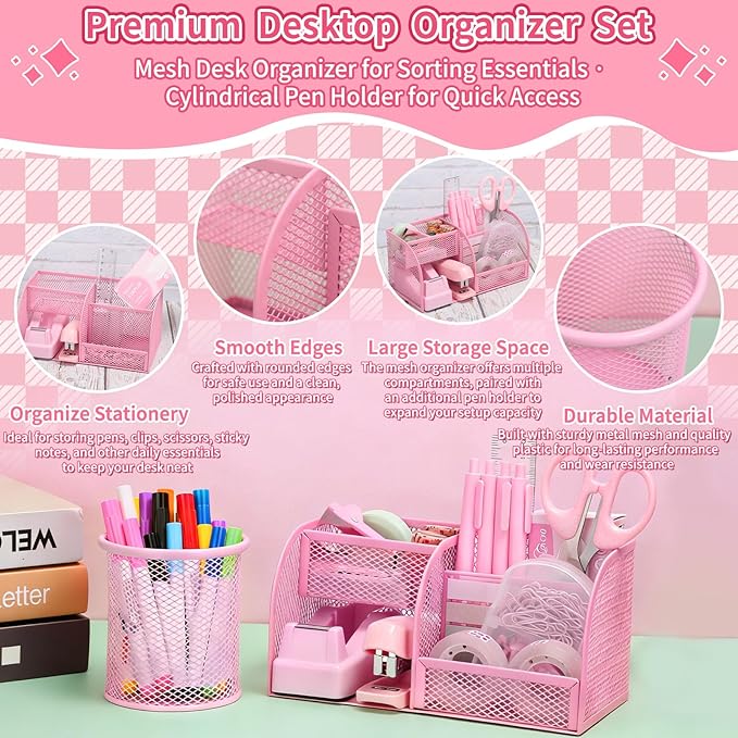 Comkrivy 1181 PCS Pink Desk Accessories for Women Office, Girls Desk Organizers and Accessories with Mesh Desk Organizer, Pen Holder, Stapler, Tape Dispenser, Scissors Women Pink Office Supplies Set
