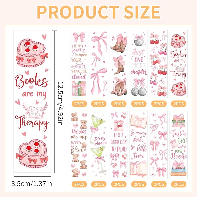 UV DTF Bookmark Wraps - 24 Sheets Conquette Acrylic Bookmark Blanks Sticker, Bow UV DTF Transfer Stickers, Books Bear Cherries Design for Book Lover DIY Projects