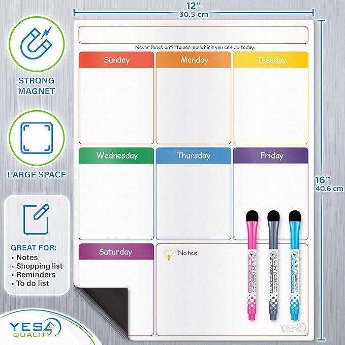 Magnetic Calendar - 16x12 Whiteboard - Dry Erase Calendar for Fridge - Monthly Refrigerator White Board Sheet with 3 Colorful Markers & Eraser, Meal Planner & Family Organizer - by Yes4Quality