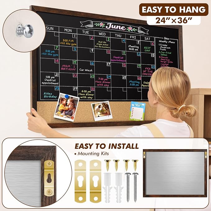 GOTIDEAL Chalkboard Calendar 36" x 24" Chalk Board Calendar for Wall Magnetic Chalkboard Framed,Wall Mounted,Blackboard for Office,Kitchen,School,Home