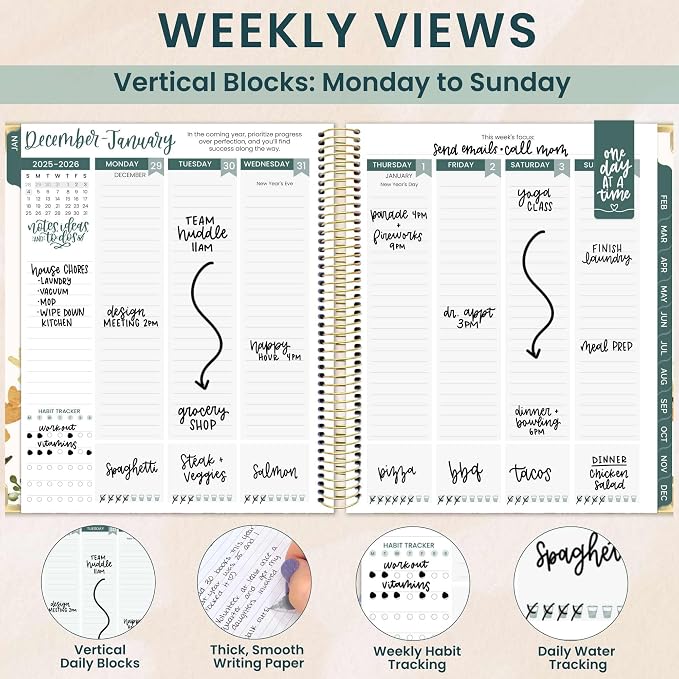 bloom daily planners 2026 Hardcover Calendar Year Goal & Vision Planner (January to December) - Monthly & Weekly Agenda Organizer - 7.5" x 9" - Beige Bouquet