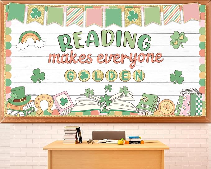 St. Patrick's Day Reading Bulletin Board Motivational Reading Bulletin Board Decor Lucky Shamrock Rainbow Gold Coin Paper Cutouts for St. Patrick Party Supplies Classroom Library Inspirational Decor