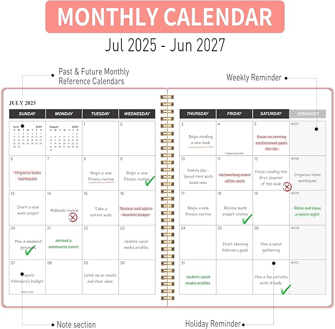 2026-2027 Monthly Planner, Calender Planner from Jan 2026 - Jun 2027, 18 Months for Planning with Habit Tracker, To-Do List, Goals,Summary ,7.5" x 10", Spiral Bindding for Personal Organizer and Office Supplies Pink
