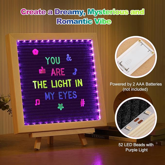 Lewondr Felt Letter Board, 10''×10'' Wooden Letter Board Sign with 680 Colored Fluorescence Letters, Changeable Message Sign with Stand for Baby Announcements, First School Day and Home Decor
