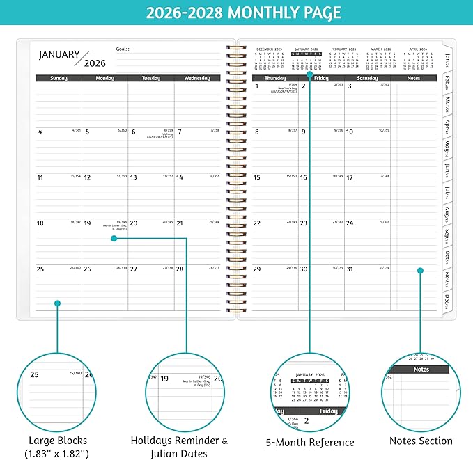 Monthly Planner 2026-2028, 36 Months Calendar Planner 2026-2028 from Jan 2026 – Dec 2028, 8.5'' x 11'' with Ruled Spread, Flexible Cover, Spiral Wirebound, Pocket, Coated Tabs, Notes ＆ Habit Tracker