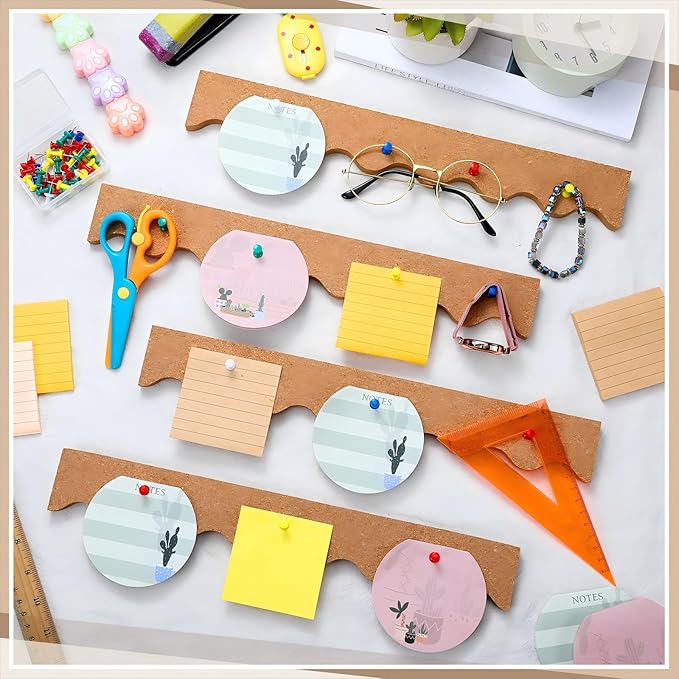 CroBlissful 4 Pcs Cork Strips Bulletin Bar Strip for Wall 14. 5 x 2 Inch Frameless Cork Board Strips with 50 Push Pins, Self Adhesive Backing, for Classroom Office Home Cubicle (Waved Style)