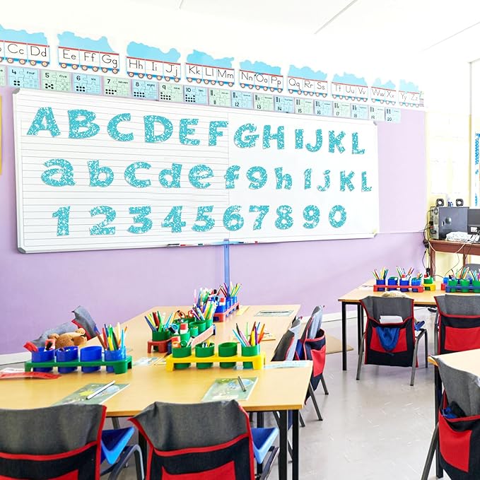 Colarr 216 Pcs Glitter Bulletin Board Letters for Classroom Number Alphabet Punctuation Symbol Cutout 4'' Die-Cut Poster Letter with Adhesive Dot School Party Holiday Decor Display(Light Blue)