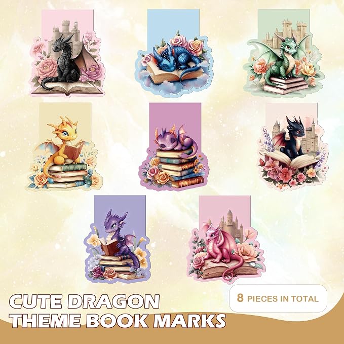 8 Pcs Cute Dragon Flower Magnetic Bookmark, Fantastic Floral Dragon Book Marks, Cool Adorable Animal Page Magnet Book Markers for Book Lovers School Student Teacher Reading Supplies Gift