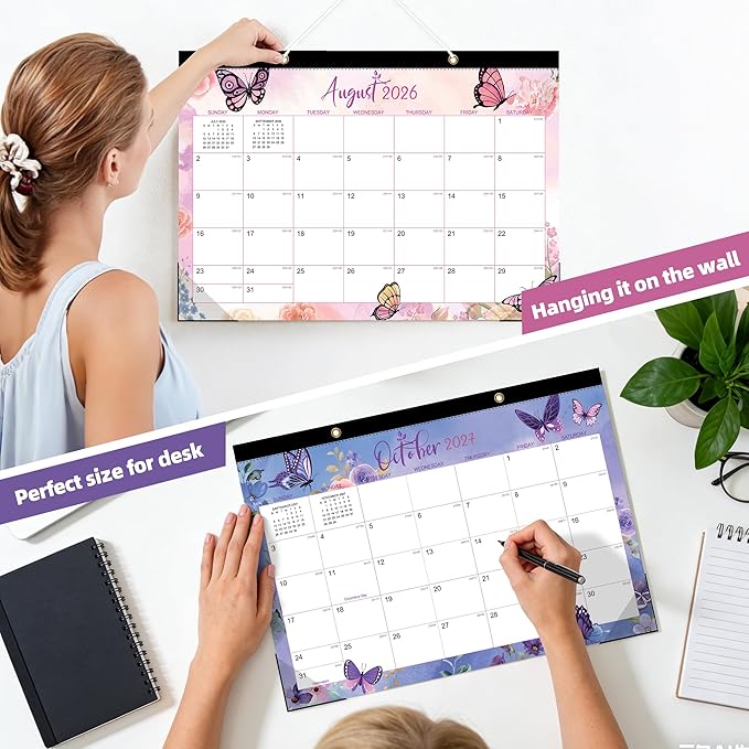 ZTX Desk Calendar 2026-2027,18 Month Academic Desk Calendars,17"x12" Jul.2026-Dec.2027 Calendar with Clear Plastic Cover for Teacher School Year Home Butterfly