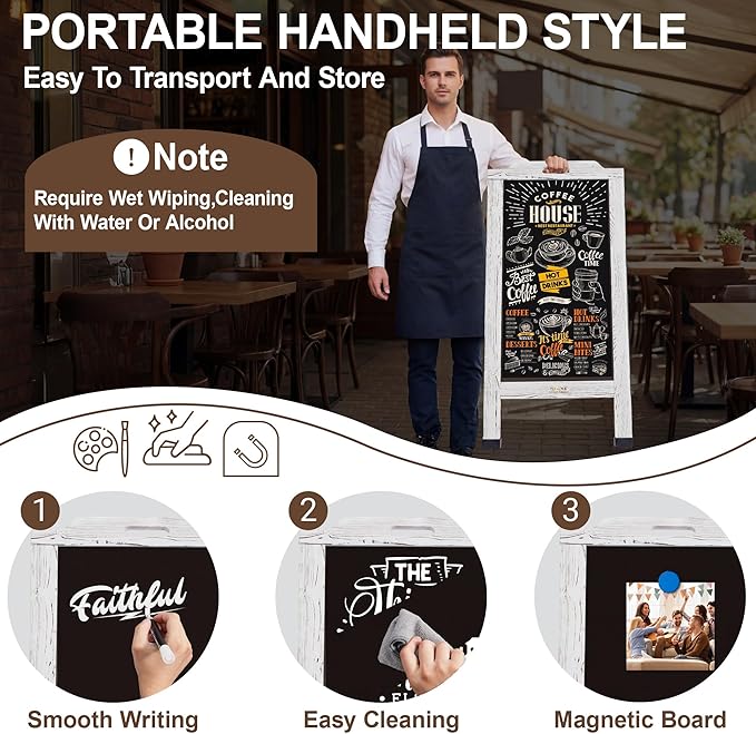 Magnetic Portable A-Frame Chalkboard Signs, 40" x 20" Large Wood Sandwich Board Signs Outdoor, Double-Sided Sidewalk Standing Chalk Board for Business, Wedding, Vendor Display, Coffee Shope - White