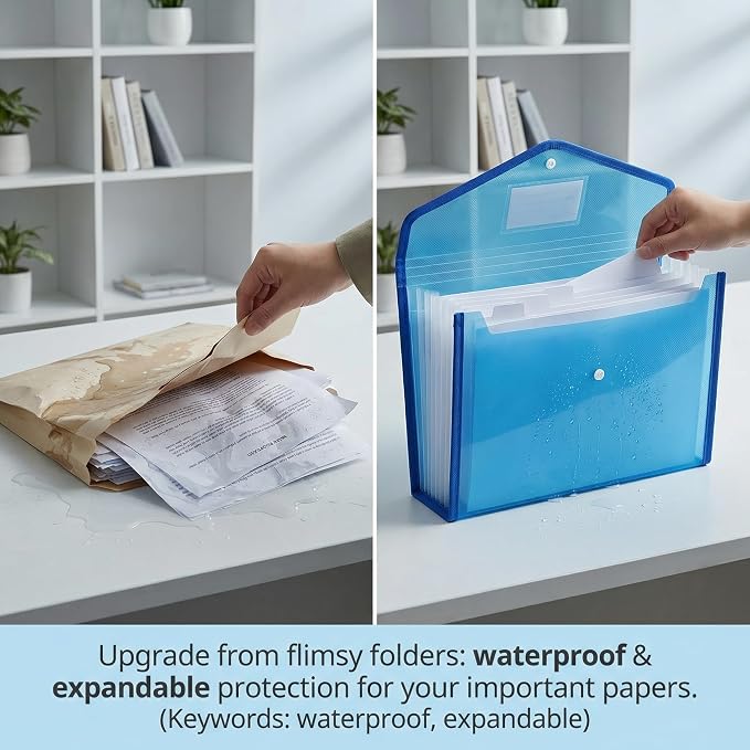 12PCS A4 Size Plastic File Folder - Expandable Poly Envelope Waterproof Transparent File Pouch with Snap Closure and Label Pocket, Assorted Colors