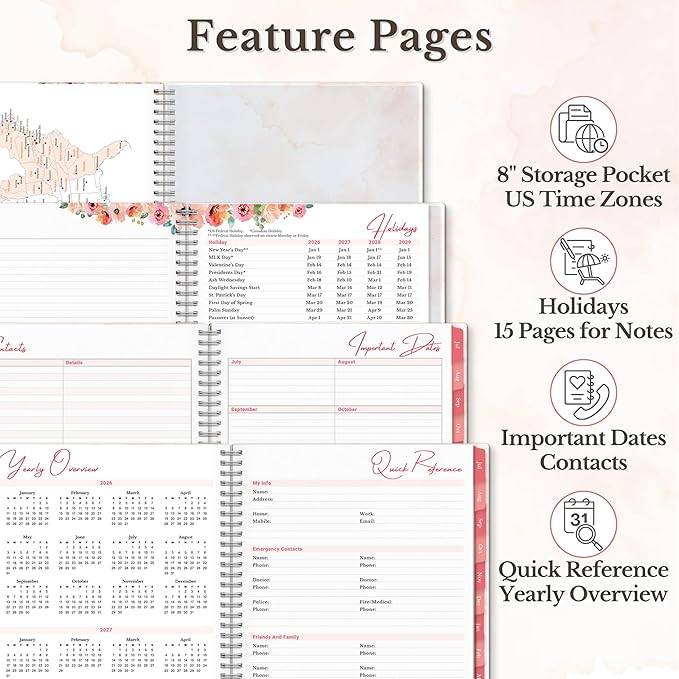 CRANBURY 2026-2027 Academic Planner 8.5x11, July 2026 to June 2027, Weekly Daily Organizer with Monthly Tabs, Floral Theme, Spiral Bound, Agenda Book