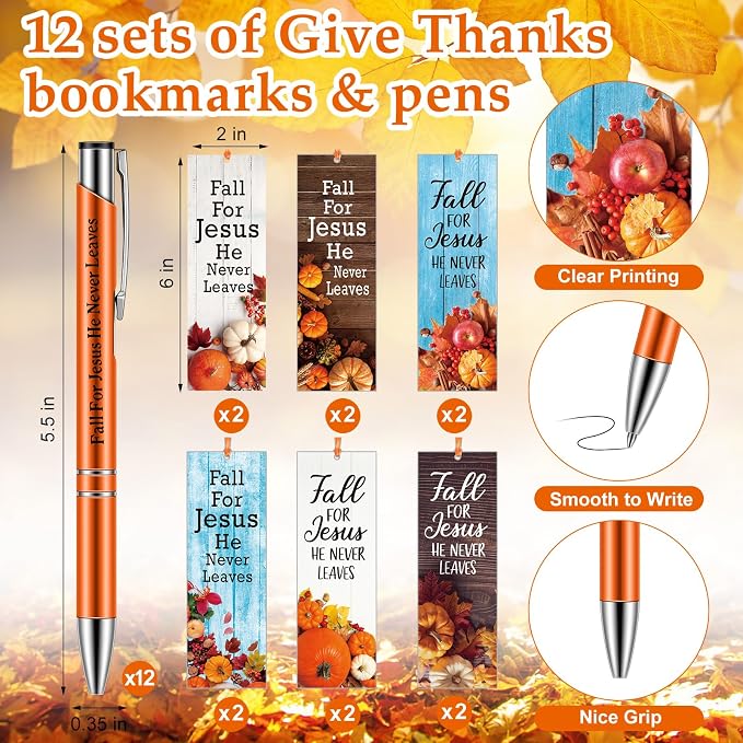 Dispowreath 24 Pcs/ 12 Sets Christian Church Gifts Bulk, Include 12 Fall for Jesus He Never Leaves Pen 12 Religious Bible Verse Bookmarks Church Exchange Gifts for Party Favors