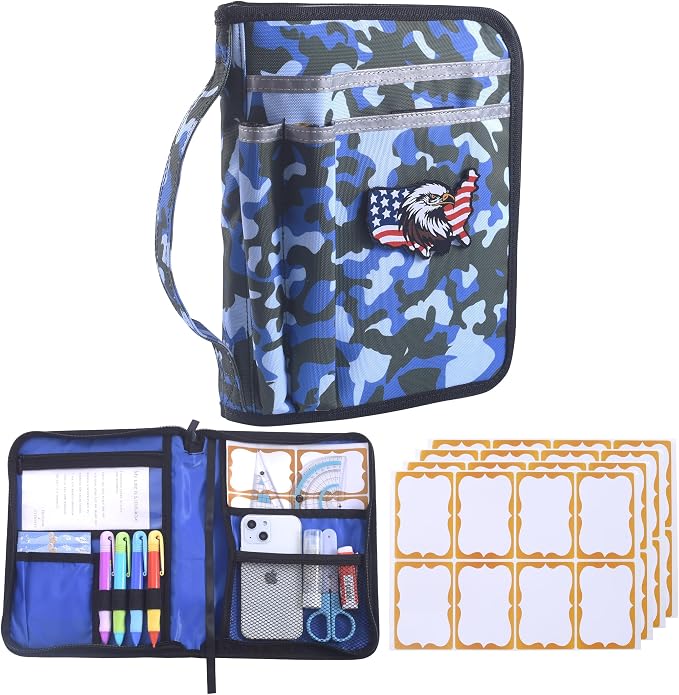 LParkin Blue Camo Scouts Book Cover for Handbook 14th Edition, Boy Camo Waterproof Protective Sleeve with Eagle Patch & 32 Name Labels, Gifts for Boy and Girl Scouts