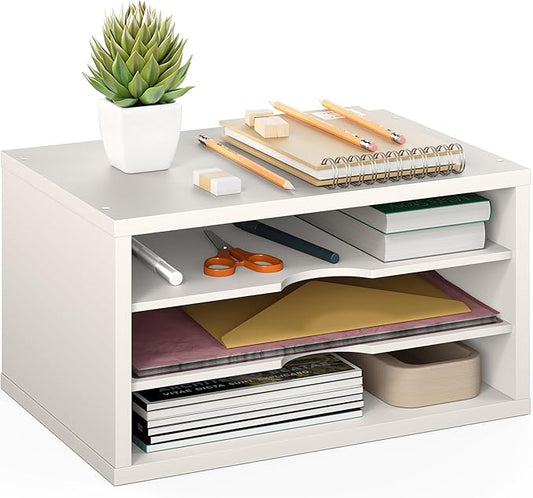 Ballucci File Organizer, 3-Tier Document Paper Sorter, Stackable Wood Desk Organizer, Mail Sorter and Monitor Stand with Storage Shelves, White