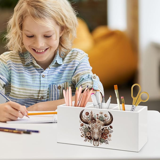 Boho Floral Western Bull Skull Pen Holder, Boho Western Office Pen Pencil Holder Organizer for Desk Accessories, Whimsical Bull Skull Wooden Box Desk Decor for Home Office Desk Decorations