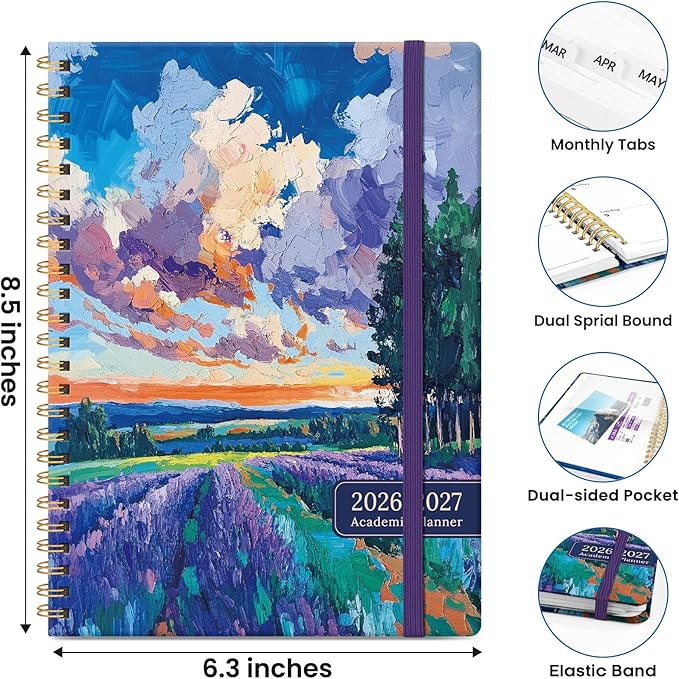 2026–2027 Academic Planner, Weekly and Monthly Planner for Women, July 2026 - June 2027, Pretty Hardcover 2026–2027 Academic Planner with Tabs, Inner Pocket, Spiral Bound, Perfect Office Home School Supplies - 6.3" x 8.5", Lavender Glow