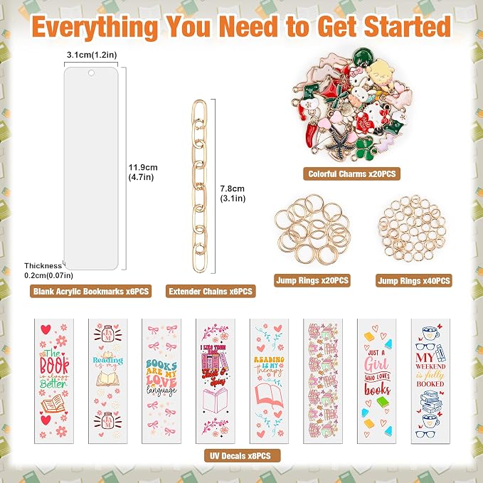 100 Pcs Book Acrylic Bookmark Blanks(2mm) Thicken 6 DIY Bookmark Making 8 Book UV DTF Sticker 20 Charms 6 Extender Chains and 60 Jump Ring Suitable for DIY Crafts Gifts