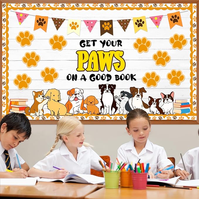 Dog Paw Classroom Bulletin Board Set Get Your Paws on a Good Book Reading Bulletin Board Decorations Pet Dog Prints Paper Cutouts Classroom Decorations for Back to School Nursery Chalkboard Wall Back