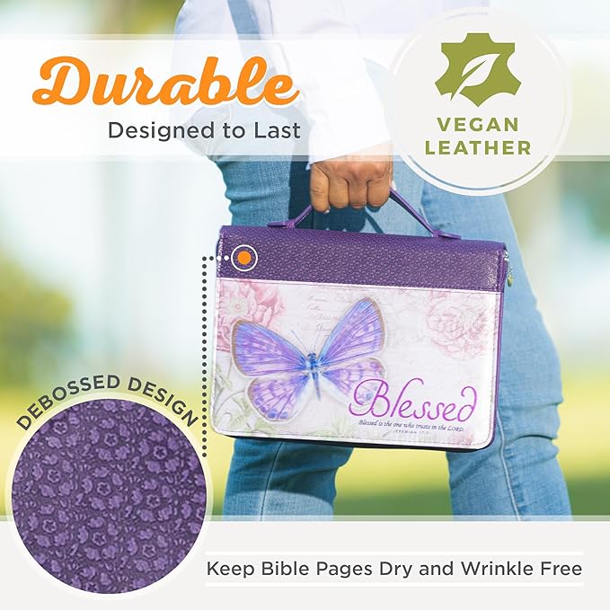 Christian Art Gifts Women's Fashion Bible Cover Blessed Butterfly Jeremiah 17:7, Purple Floral Faux Leather, Medium