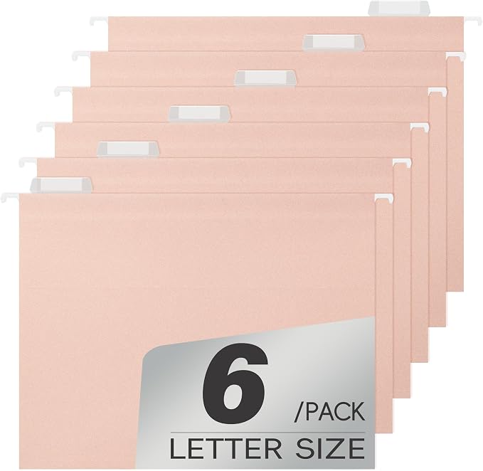 pmybupo Peachy-Pink Hanging File Folders,Letter Size,1/5-Cut Adjustable Tabs,6 Per Box,-1/5 Tabs