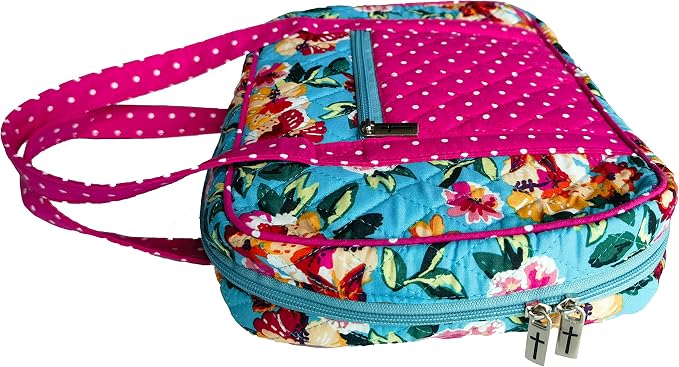 DIWI Quilted Bible Cover Large Sizes 10 X 7 X 2.75 Inches Bible Tote Good Book Case (L, C2 Pink Garden)