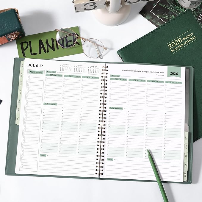 2026 Planner - 11.38'' x 8.74'', Weekly & Monthly Planner Notepad, Jan. 2026 - Dec. 2026, Appointment Book, 60 Minutes Interval, Monthly Tabs, Faux Soft Leather, Spiral Bound - Green