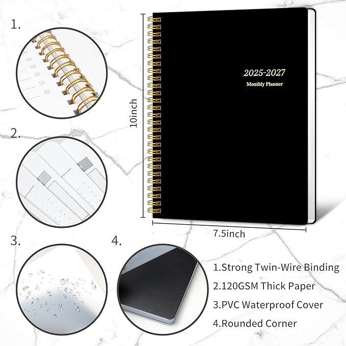 Monthly Planner 2025-2027, July 2025 - June 2027, 2 Year Calendar 2025-2027 Monthly Planner, 7.5" x 10", 24 month Calendar With Goals To Do List, Habit Tracker Suitable for Schools & Offices & Home, Black