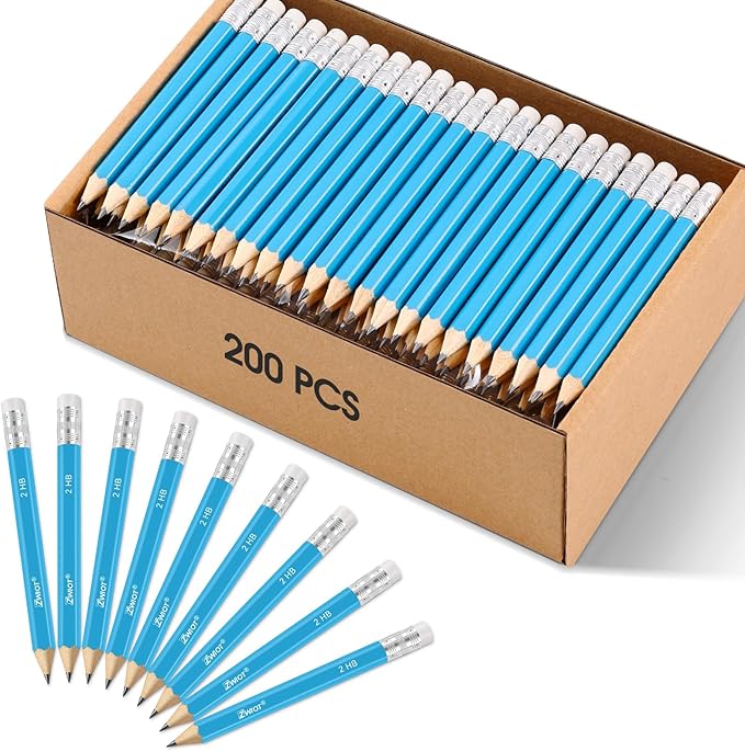 ZWlOT Golf Pencils with Eraser, #2 HB Half,4" Mini,Pre-Sharpened,120/200/320 Count Pencils Wood Cased Short for Classroom, Office, School, Wedding and Party Game(Blue-200pcs)