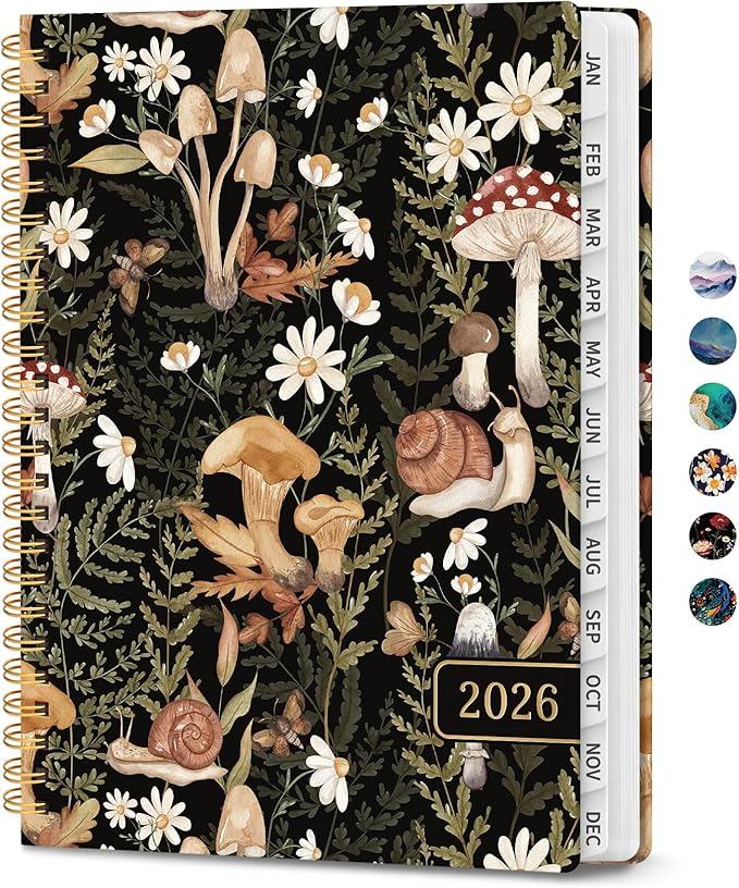 2026 Planner, Monthly and Weekly Calendar Planner for Women, Jan 2026 - Dec 2026, Hardcover Pretty 2026 Agenda Planner Book with Tabs, Spiral Bound, Perfect for School Office Home Supplies, 6.3" x 8.5" - Mushroom