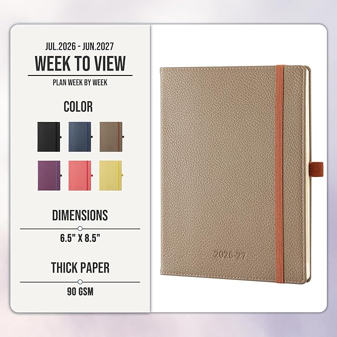 Weekly Planner 2026-2027 A5 (6.5" x 8.5") 12 Months (Jul'26 - Jun'27) Weekly & Monthly Planner with Month Tabs & Inner Pocket, Expenses/Note Pages, PU Leather Brown