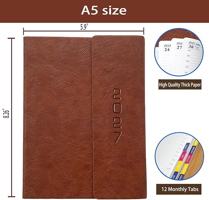 2027 Daily Planner -One Page per Day, Appointment Book 2027, Hourly Daily & Monthly Planner with Tabs(Jan-Dec 2027), 8.26'' x 5.9'' Calendar Planner, Leather Cover + Thick Paper (Brown)