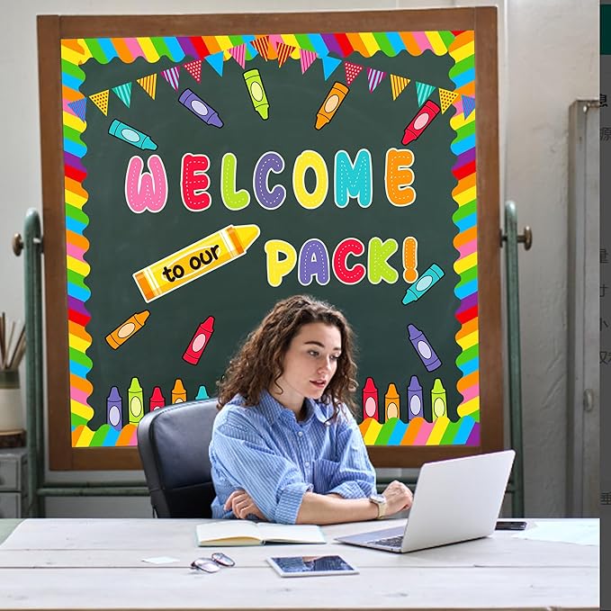 79Pcs Welcome Back to School Bulletin Board Classroom Decorations,Welcome to Our Pack Crayon Classroom Cutouts Wall Door Decor Chalkboard Sign for First Day of School Party